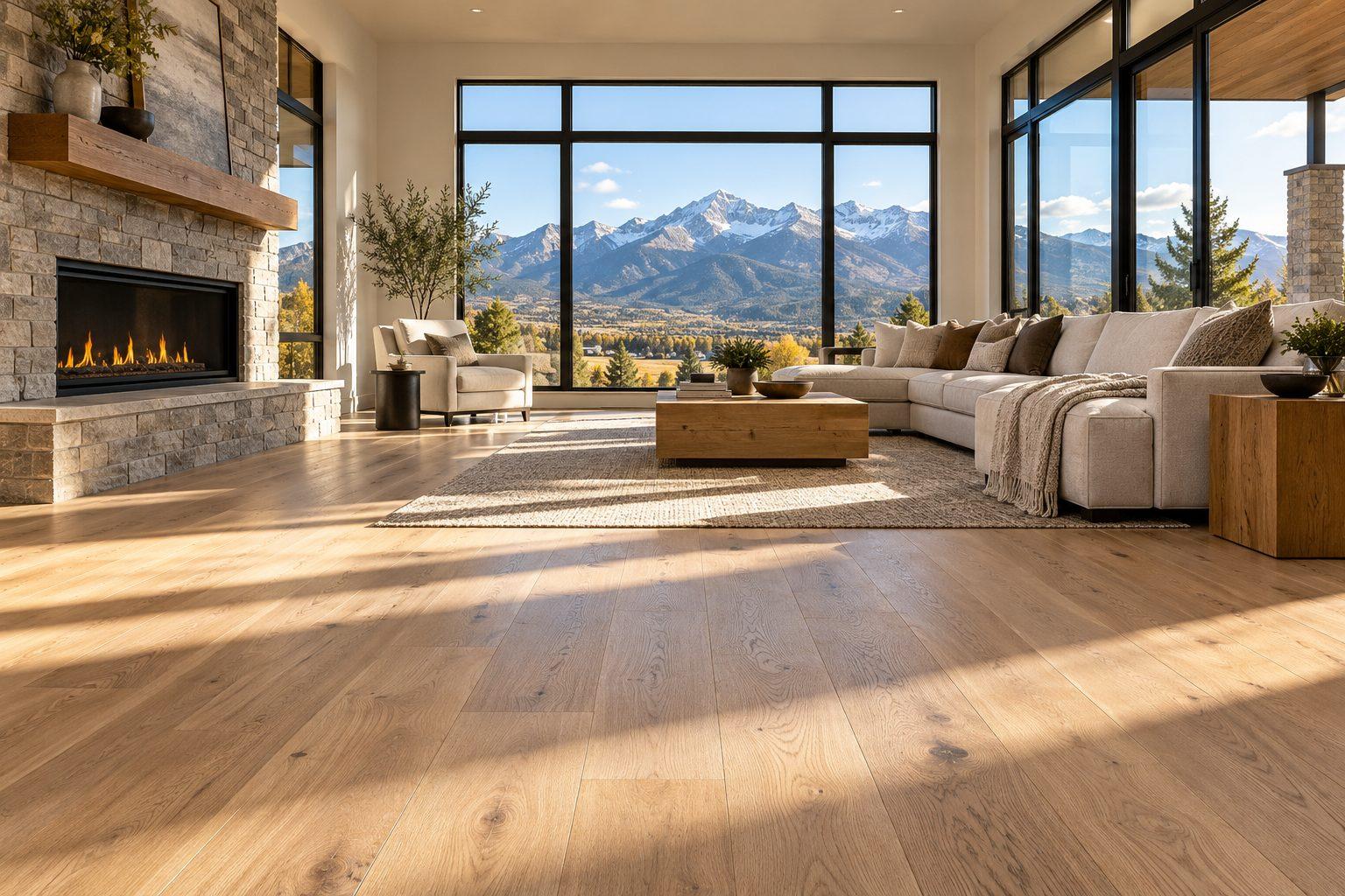 Wide-plank white oak hardwood flooring in a bright living room