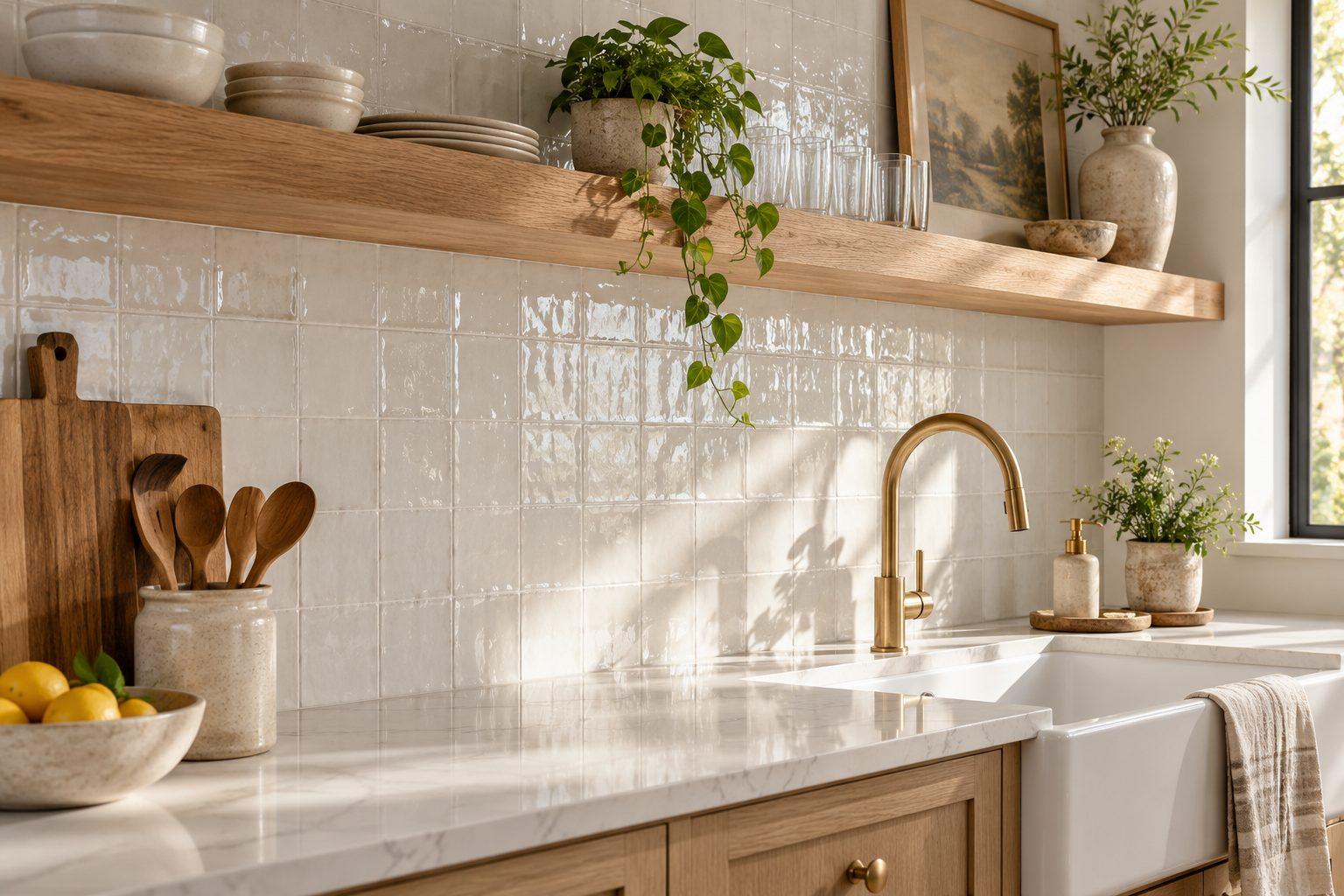 Glossy white zellige tile backsplash behind a white oak floating shelf