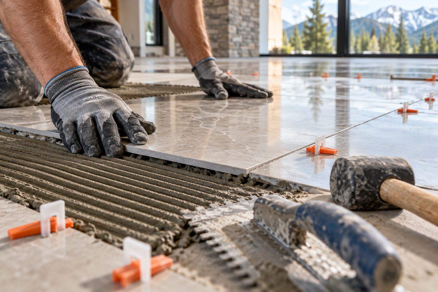 Installer setting a large porcelain tile into thinset with leveling clips