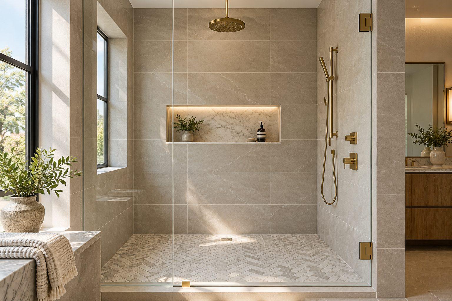 Walk-in shower with large-format greige porcelain tile, lit niche, and herringbone mosaic floor