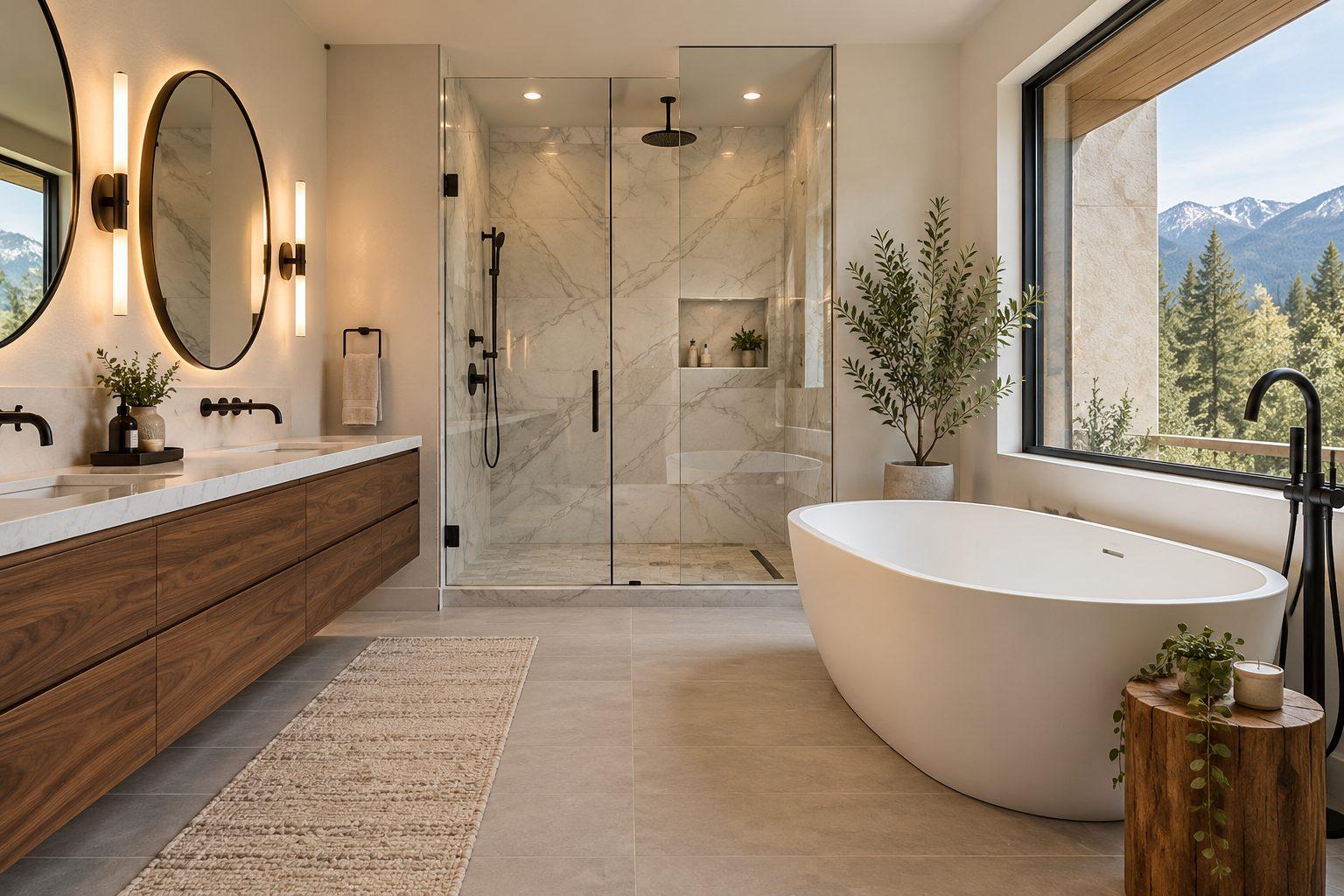 Spa-style remodeled primary bathroom with freestanding tub and walk-in shower