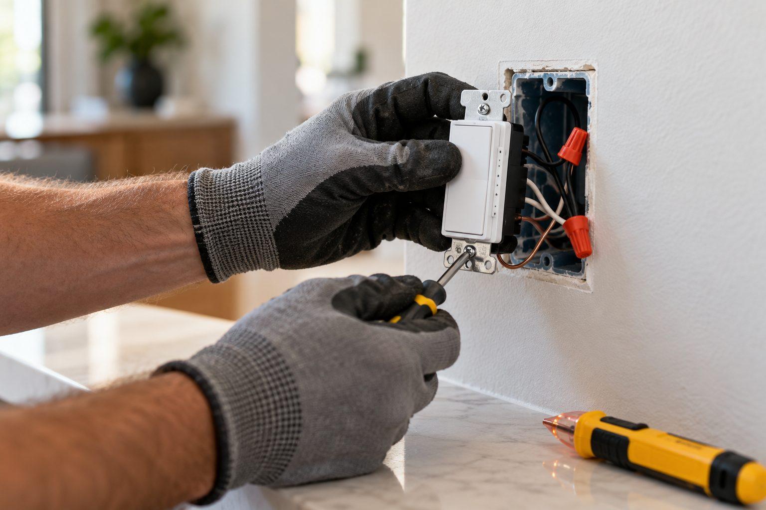 Gloved hands installing a white smart dimmer switch into a wall box