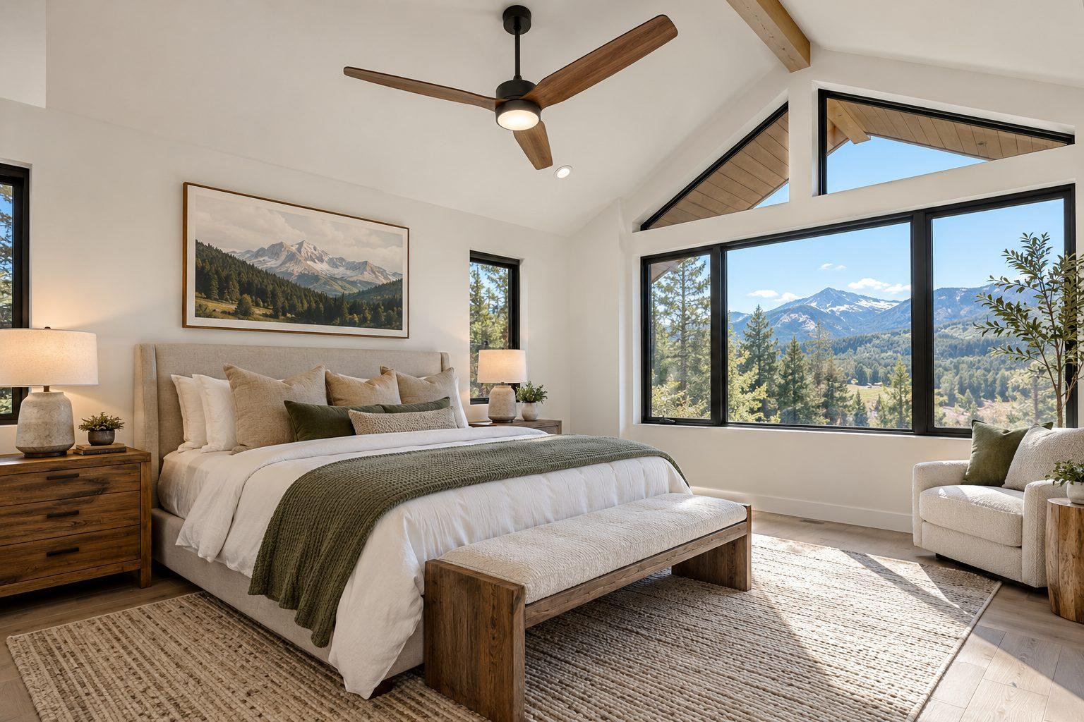 Bright bedroom with a newly installed black ceiling fan with wood blades