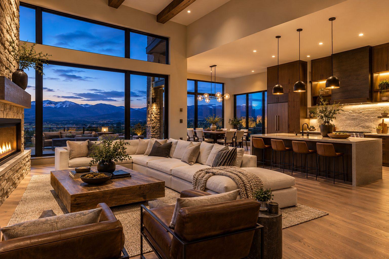 Open living room and kitchen at dusk with recessed lights, pendant lights, and under-cabinet lighting