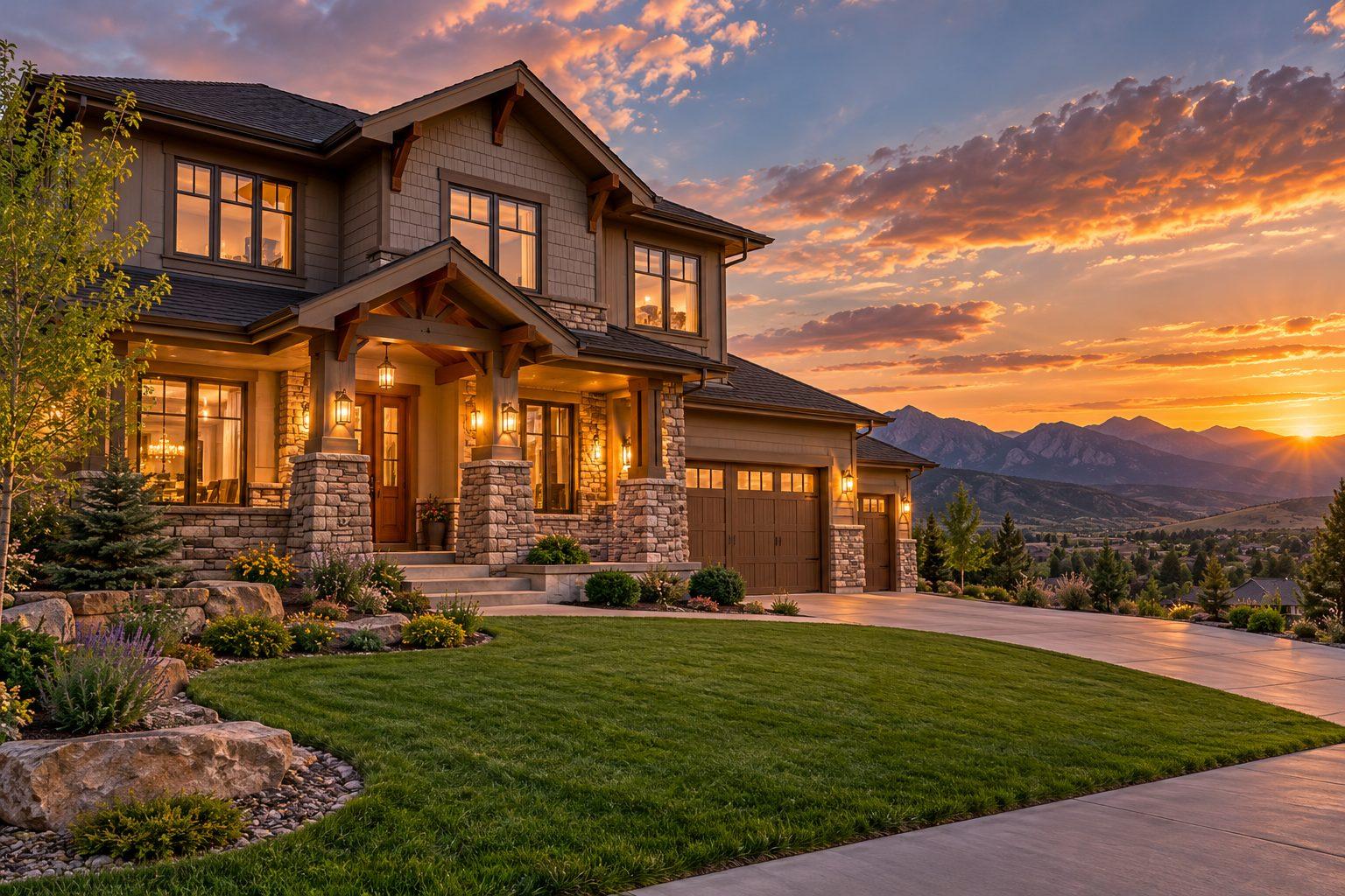 Updated craftsman-style home in Highlands Ranch at golden hour with the Rocky Mountain foothills behind it