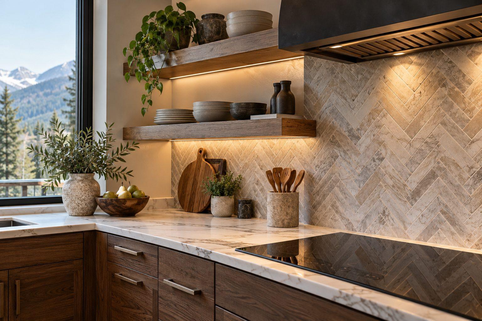 Warm under-cabinet lighting on a kitchen counter