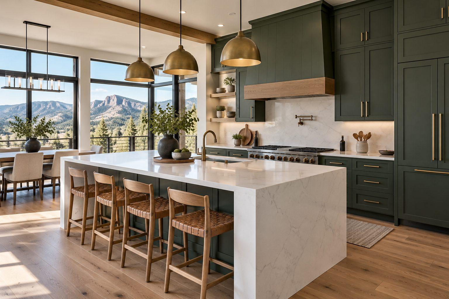 Remodeled kitchen with green shaker cabinets and a quartz waterfall island